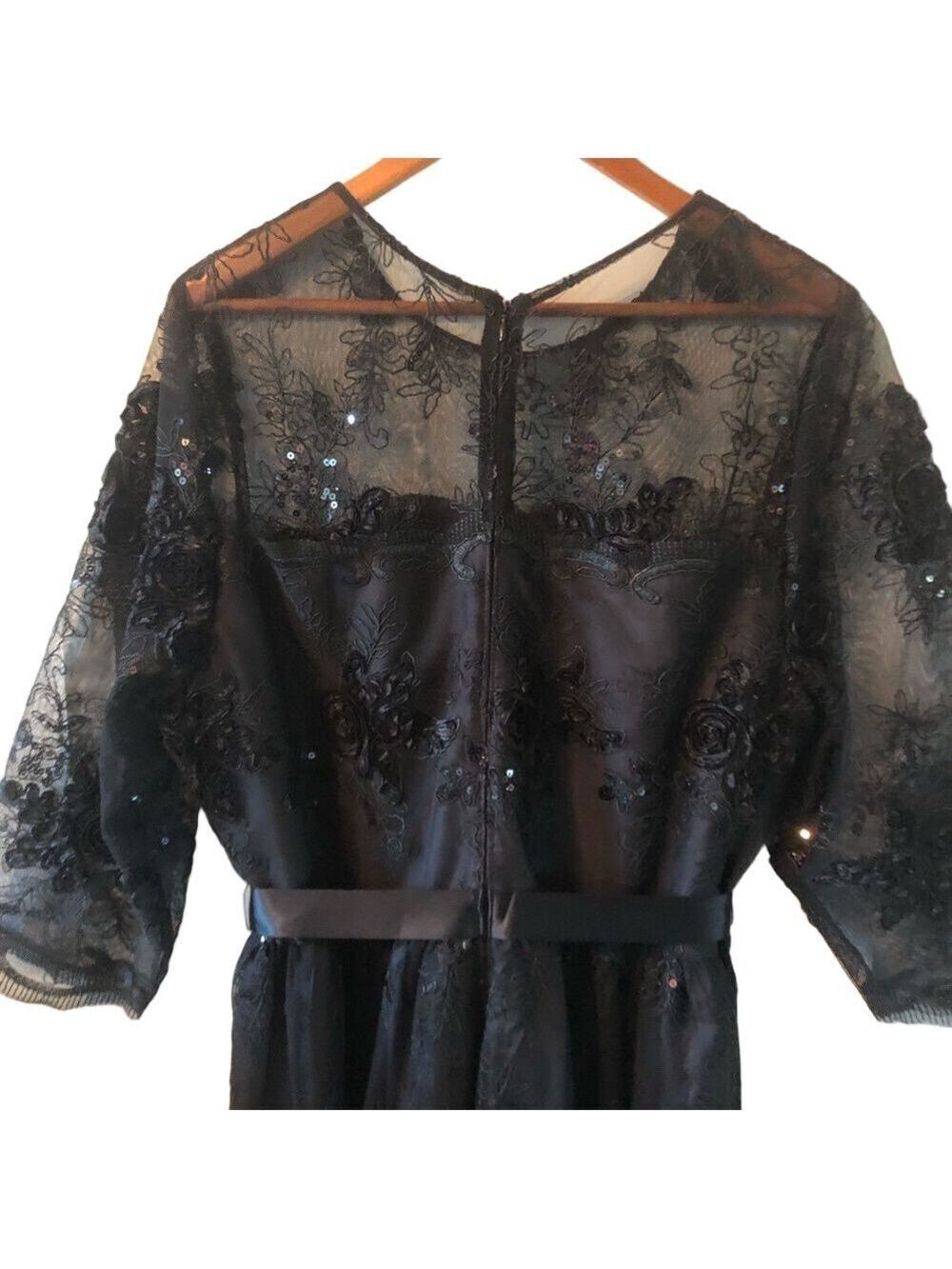 Black Lace Special Occasion Dress with Sequins Size 16W Midi Elbow Sleeves - Picture 9 of 13